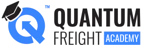 Logo for Quantum Freight Academy. To the left is a blue circular "Q" containing an upward-pointing arrow, topped with a black graduation cap. To the right, the text reads "QUANTUM FREIGHT" in black, followed by the word "ACADEMY" in white inside a blue rectangular box.