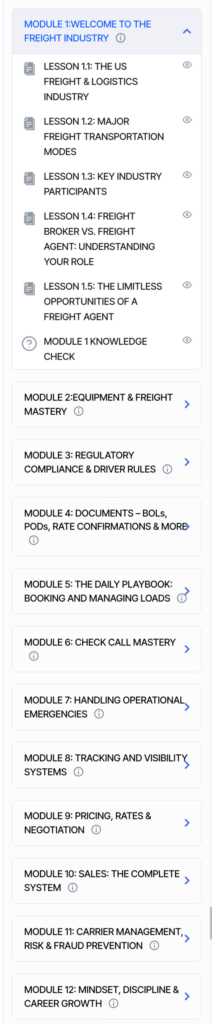 Module 1: Welcome to the freight industry — list of lessons.